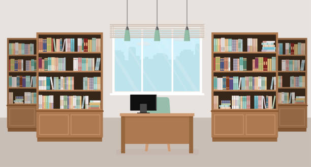 ilustraciones, imágenes clip art, dibujos animados e iconos de stock de interior vacío moderna biblioteca con estanterías, mesa, silla y computadoras. - library