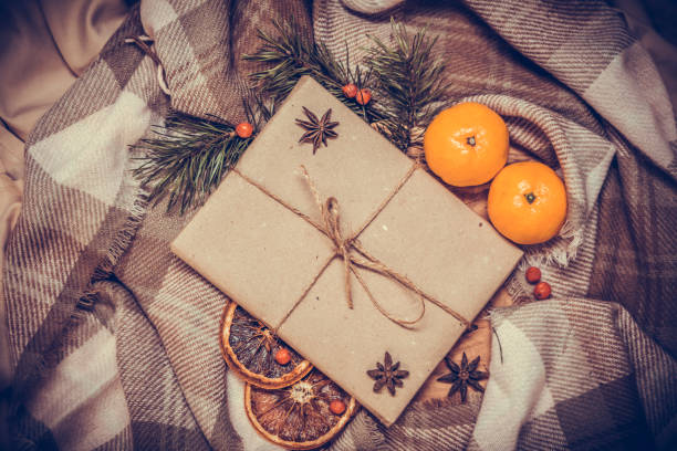 istock Top view of cozy Christmas and winter setting 1042519064