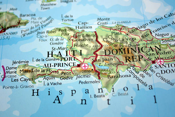 Map showing Haiti and the Dominican Republic Map with selective focus on Haiti and the Dominican Republic - source: Oxford New Concise World Atlas dominican republic map stock pictures, royalty-free photos & images