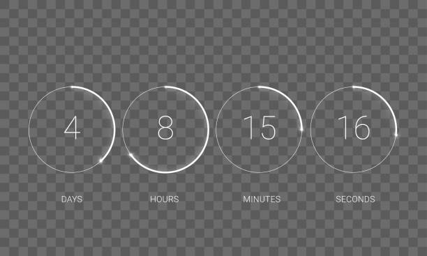 ilustrações de stock, clip art, desenhos animados e ícones de ui countdown clock counter timer. vector digital count down circle board with circle time pie diagram on transparent background. scoreboard of day, hour, minutes and seconds web page template design - contagem regressiva