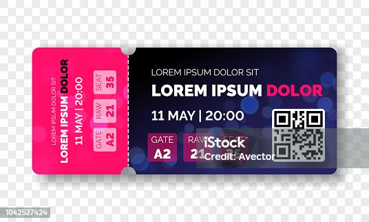 istock Ticket template modern trendy design. Vector admit ticket with event date and raw seat for cinema movie, live music concert or festival and football soccer and sport championship or club with QR code 1042527424