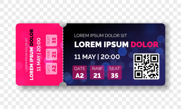 Ticket template modern trendy design. Vector admit ticket with event date and raw seat for cinema movie, live music concert or festival and football soccer and sport championship or club with QR code Ticket template modern trendy design. Vector admit ticket with event date and raw seat for cinema movie, live music concert or festival and football soccer and sport championship or club with QR code ticket stock illustrations