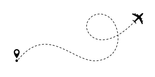 ikon vektor jalur pesawat rute penerbangan pesawat udara dengan titik awal dan jejak garis putus-putus - ikon simbol ortografis ilustrasi ilustrasi stok