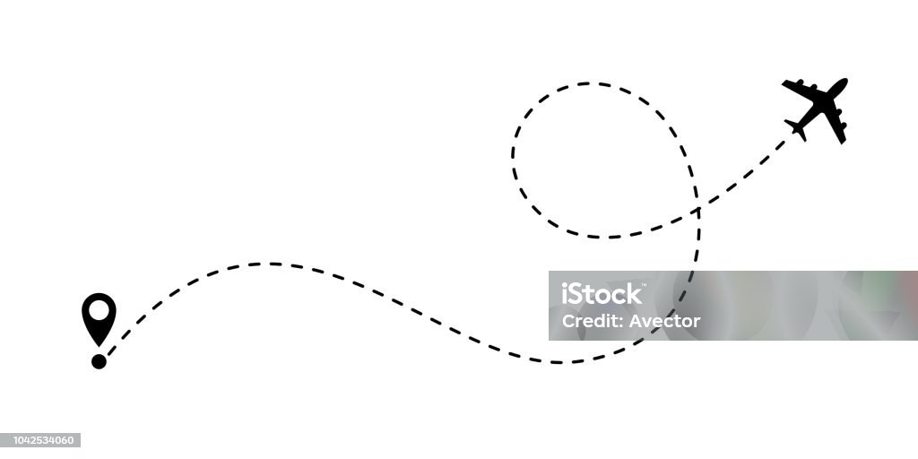 Airplane line path vector icon of air plane flight route with start point and dash line trace Airplane stock vector