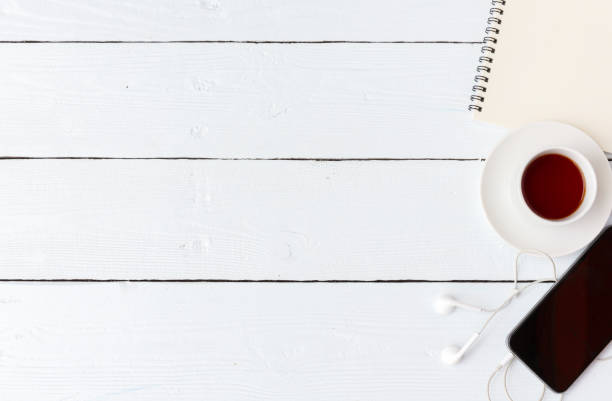 istock Vintage white Gadget mockup flat lay on old table top wood background texture space concept workspace office blank note, plan on workplace, business blogger idea empty wooden view 1042545172