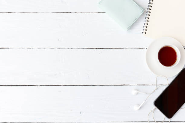 istock Vintage white Gadget mockup flat lay on old table top wood background texture space concept workspace office blank note, plan on workplace, business blogger idea empty wooden view 1042545200