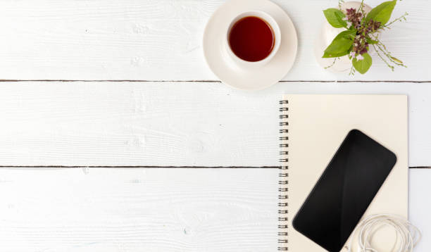 istock Vintage white Gadget mockup flat lay on old table top wood background texture space concept workspace office blank note, plan on workplace, business blogger idea empty wooden view 1042545244