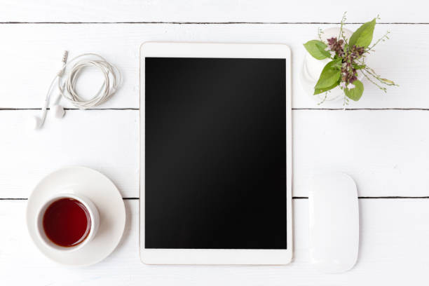 istock Vintage white Gadget mockup flat lay on old table top wood background texture space concept workspace office blank note, plan on workplace, business blogger idea empty wooden view 1042545274