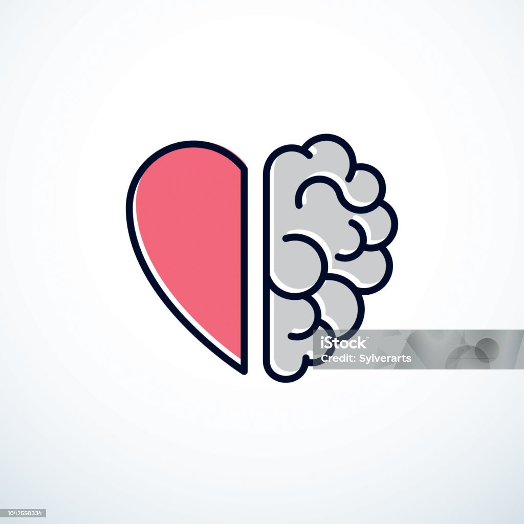 Heart and Brain concept, conflict between emotions and rational thinking, teamwork and balance between soul and intelligence. Vector icon design. Heart Shape stock vector