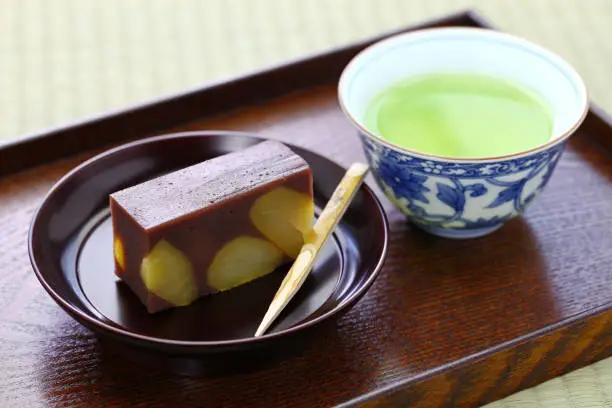 japanese traditional confection, kuri mushi yokan, steamed sweetened adzuki bean paste with chestnuts