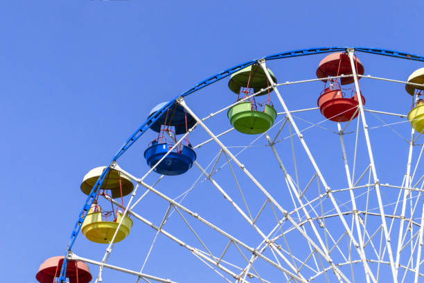 istock Cropped big colorful Ferris wheel with blue sky behind 1042564138