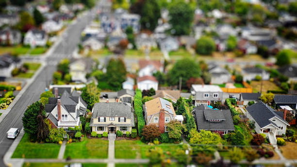 American Suburban Neighborhood Tilt-shift Aerial Photo Aerial photo of an American suburban neighborhood with a tilt-shift effect suburb stock pictures, royalty-free photos & images