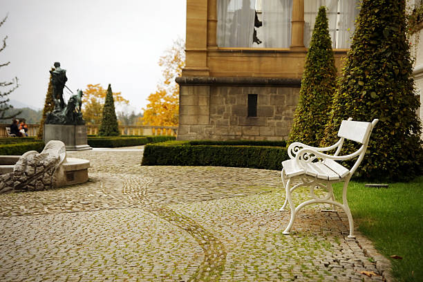 A green empty bench in a public park among lush greenery.
