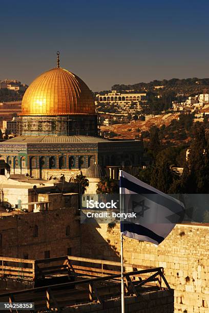 Dome Of The Rock With Israeli Flag On Foreground Stock Photo - Download Image Now - Architectural Dome, Capital Cities, Color Image