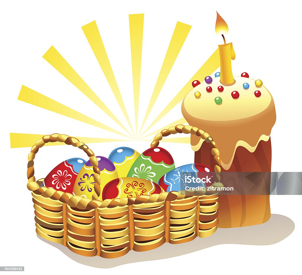 Easter Cake and Basket with Painted Eggs Illustration of traditional Easter cake and wicker basket with colorful Easter eggs. Download contains EPS8, AI10, SVG, and JPG Basket stock vector