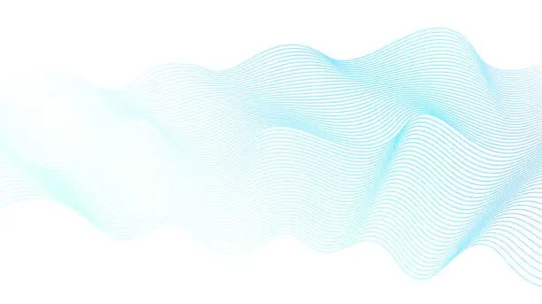 Vector illustration of Light blue-green liquid waveform. Vector line art design element. Abstract wavy striped pattern on white background. Elegant flowing shiny waves, silk ribbon, scarf imitation. Transparent lines. EPS10 illustration