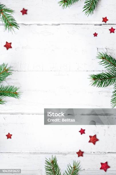 Christmas Composition Christmas Gift Candy Cane And Fir Tree Branches Top View Flat Lay Stock Photo - Download Image Now