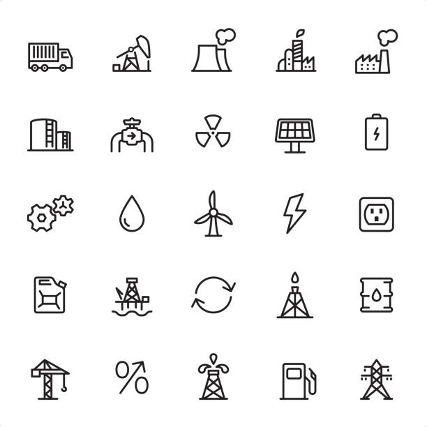 ilustraciones, imágenes clip art, dibujos animados e iconos de stock de industria - conjunto de iconos de contorno - nuclear energy nuclear power station wind turbine energy