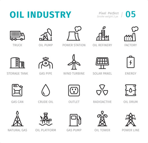 ilustrações de stock, clip art, desenhos animados e ícones de oil industry - pixel perfect line icons with captions - oil drum barrel fuel storage tank container
