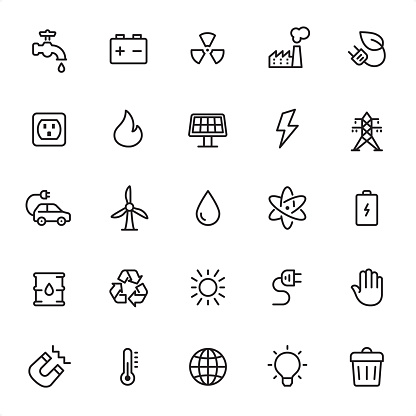 Energy - 25 Outline Style - Single black line icons - Pixel Perfect / Pack #06 /
Icons are designed in 48x48pх square, outline stroke 2px.

First row of outline icons contains:
Faucet, Car Battery, Radioactive, Factory, Plug & Leaf;

Second row contains:
Outlet, Flame, Solar Energy, Lightning, Power Line;

Third row contains:
Electric Car, Wind Turbine, Water, Nuclear Energy, Battery;

Fourth row contains:
Oil Drum, Recycling, Sun, Electric Plug, Stop Gesture;

Fifth row contains:
Magnet, Temperature, Globe, Light Bulb, Waste.

Complete Grandico collection - https://www.istockphoto.com/collaboration/boards/FwH1Zhu0rEuOegMW0JMa_w