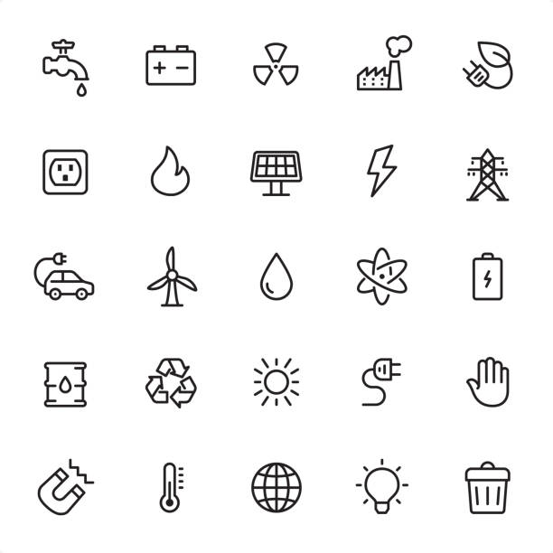 Energy - Outline Icon Set Energy - 25 Outline Style - Single black line icons - Pixel Perfect / Pack #06 /
Icons are designed in 48x48pх square, outline stroke 2px.

First row of outline icons contains:
Faucet, Car Battery, Radioactive, Factory, Plug & Leaf;

Second row contains:
Outlet, Flame, Solar Energy, Lightning, Power Line;

Third row contains:
Electric Car, Wind Turbine, Water, Nuclear Energy, Battery;

Fourth row contains:
Oil Drum, Recycling, Sun, Electric Plug, Stop Gesture;

Fifth row contains:
Magnet, Temperature, Globe, Light Bulb, Waste.

Complete Grandico collection - https://www.istockphoto.com/collaboration/boards/FwH1Zhu0rEuOegMW0JMa_w liquid battery stock illustrations