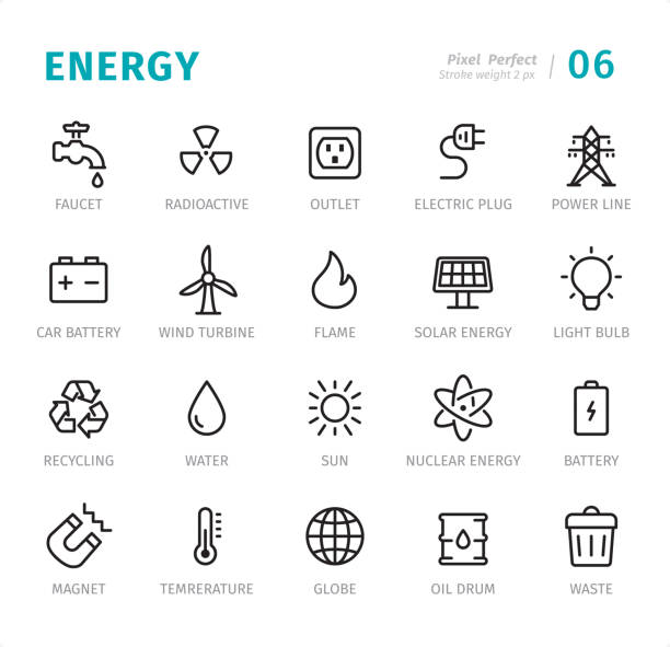 ilustrações, clipart, desenhos animados e ícones de energia - ícones de perfeita linha pixel com legendas - sun sunlight symbol flame