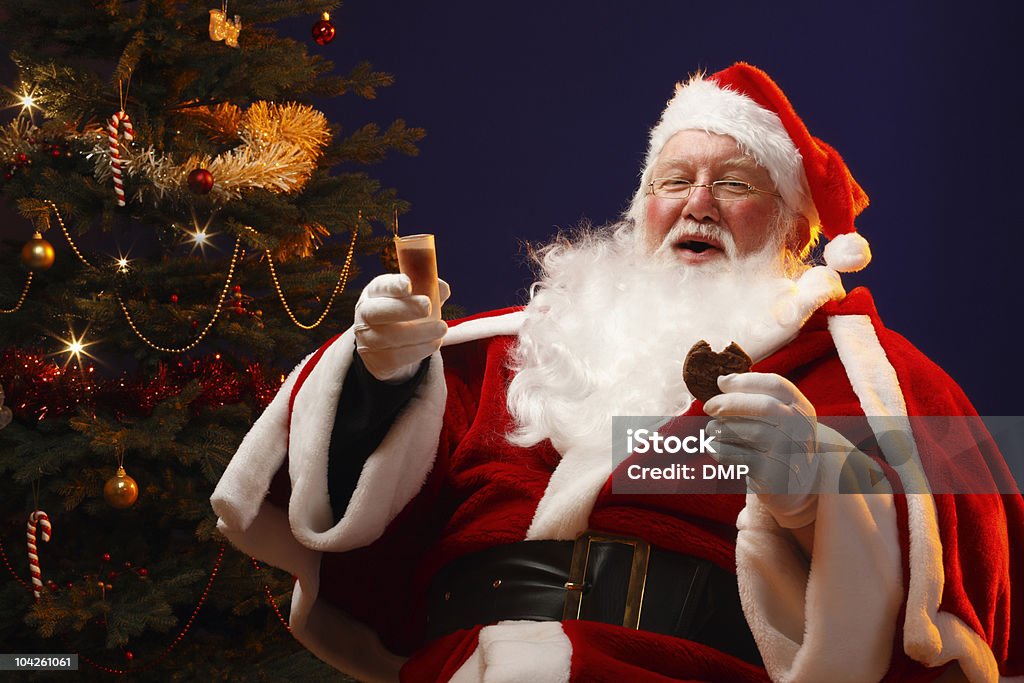 jolly Father Christmas enjoying a sherry and cookie  Santa Claus Stock Photo