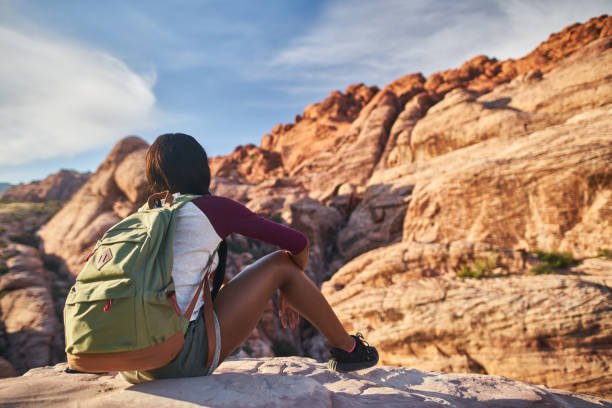 istock female hiker looking at view on ledge at red rock canyon 1042614656