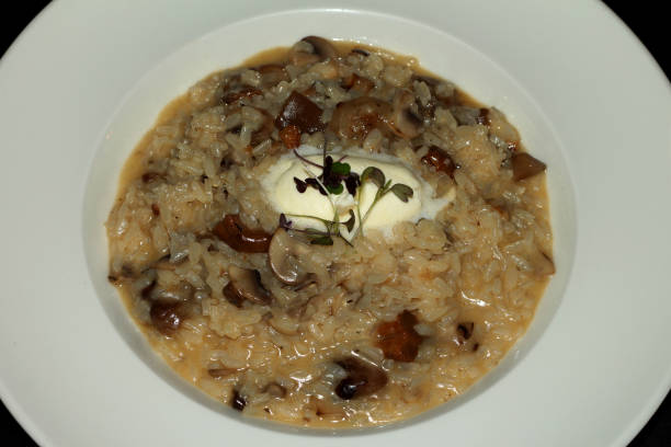 istock wild mushroom risotto, truffle cream 1042617972