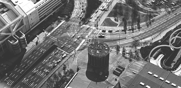 Black and white shot of traffic intersection in West Berlin from above