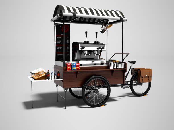 istock Concept bike, coffee shop on wheels 3d render on gray background with shadow 1042621752