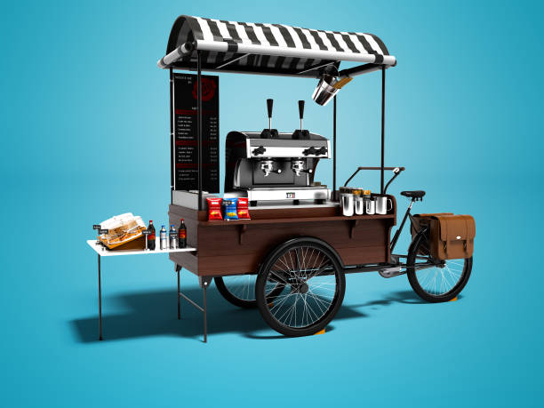 istock Concept bike, coffee shop on wheels 3d render on blue background with shadow 1042621812