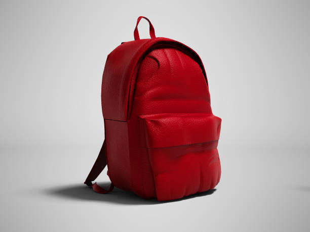 istock Modern red leather backpack in school for children and teens left view 3D render on gray background with shadow 1042622216