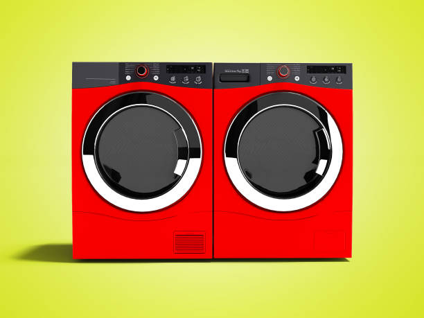 istock Red washing machine and drying laundry for home use 3d render on yellow background with shadow 1042622650