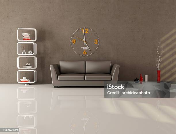 Brown Minimal Lounge Stock Photo - Download Image Now - Apartment, Bookshelf, Brown