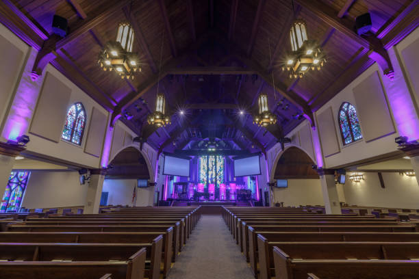 Interior of Menlo Park Presbyterian Church in Menlo Park, San Mateo County, California, USA. Menlo Park, California - September 9, 2018: Interior of Menlo Park Presbyterian Church also called Menlo Church. place of worship stock pictures, royalty-free photos & images