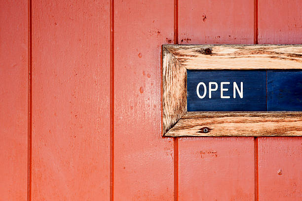 istock open sign inset in orange wood door 104263103
