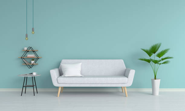 istock gray sofa in living room, 3D rendering 1042632170