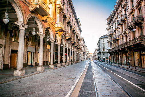 Wide Angle View of Main Street in Turin, Italy