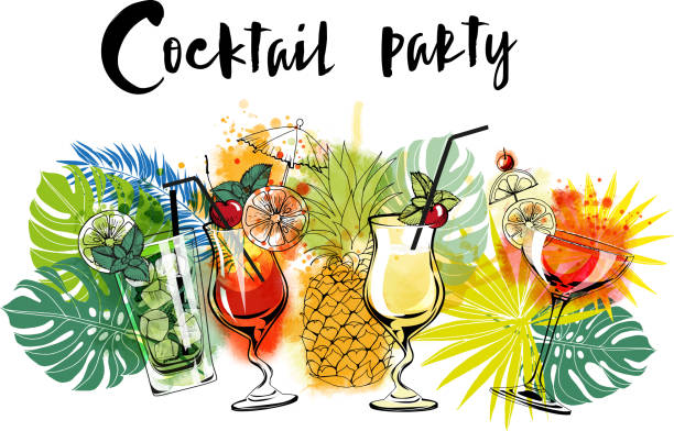 ilustrações de stock, clip art, desenhos animados e ícones de cocktail party - food illustration and painting painted image mint