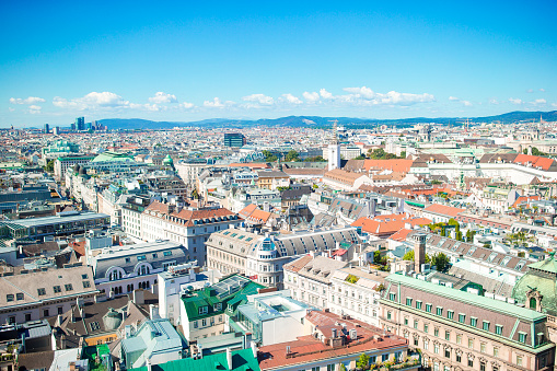 Aerial view over the rooftops of Vienna from the north tower of St. Stephen's Cathedral