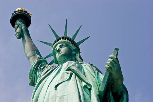 Close up of the Statue of Liberty in New York, USA. Isolated on white background with copy space