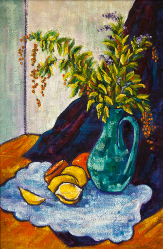 Still life painting in mixed media: Oranges with Skyflower. Duranta erecta is sometimes also named ‘Geisha Girl’ or ‘Sweet Memories’