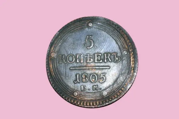 Photo of 1805 Russia 5 KOPEKS COIN isolated on pink
