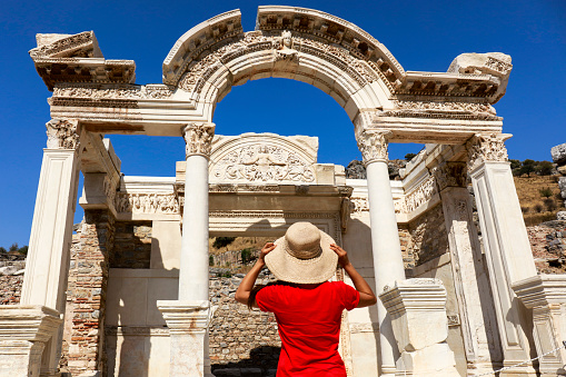 Young Woman Visiting Ephesus Ancient City. Izmir, Turkey.
