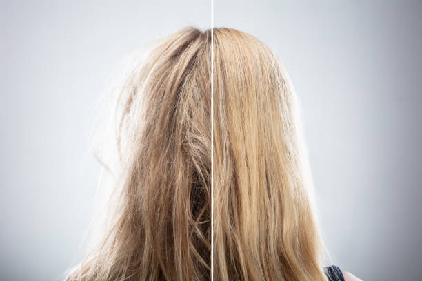 Woman's Hair Before And After Hair Straightening Woman's Hair Before And After Hair Straightening On Grey Background before and after stock pictures, royalty-free photos & images