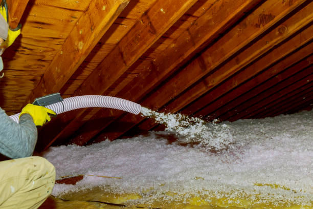 istock Technician spraying blown Fiberglass Insulation between Attic Trusses foam insulation construction foam from the gun to the roof 1042652618