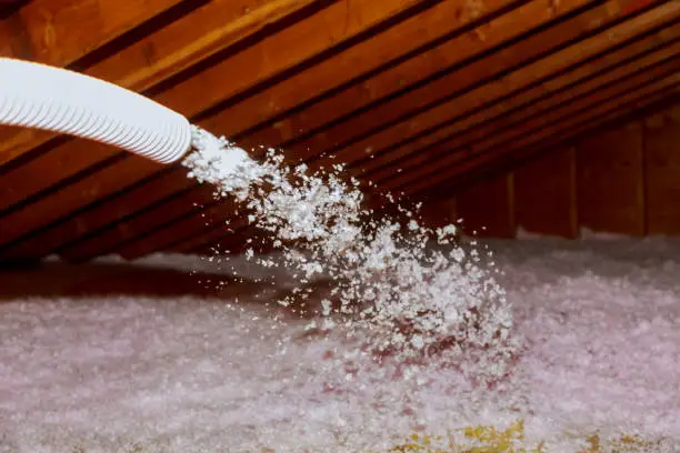 Photo of Spraying Blown Fiberglass Insulation for roof - technician spraying foam insulation using plural component gun
