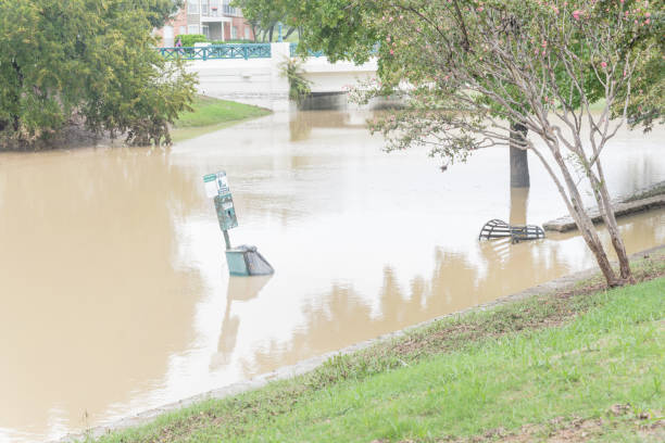 istock Swamped waste station and trash container near flash flood bridge 1042666502