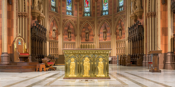 Albany, New York, USA - August 6, 2018: Altar and sanctuary of the historic Cathedral of the Immaculate Conception on Eagle Street in Albany